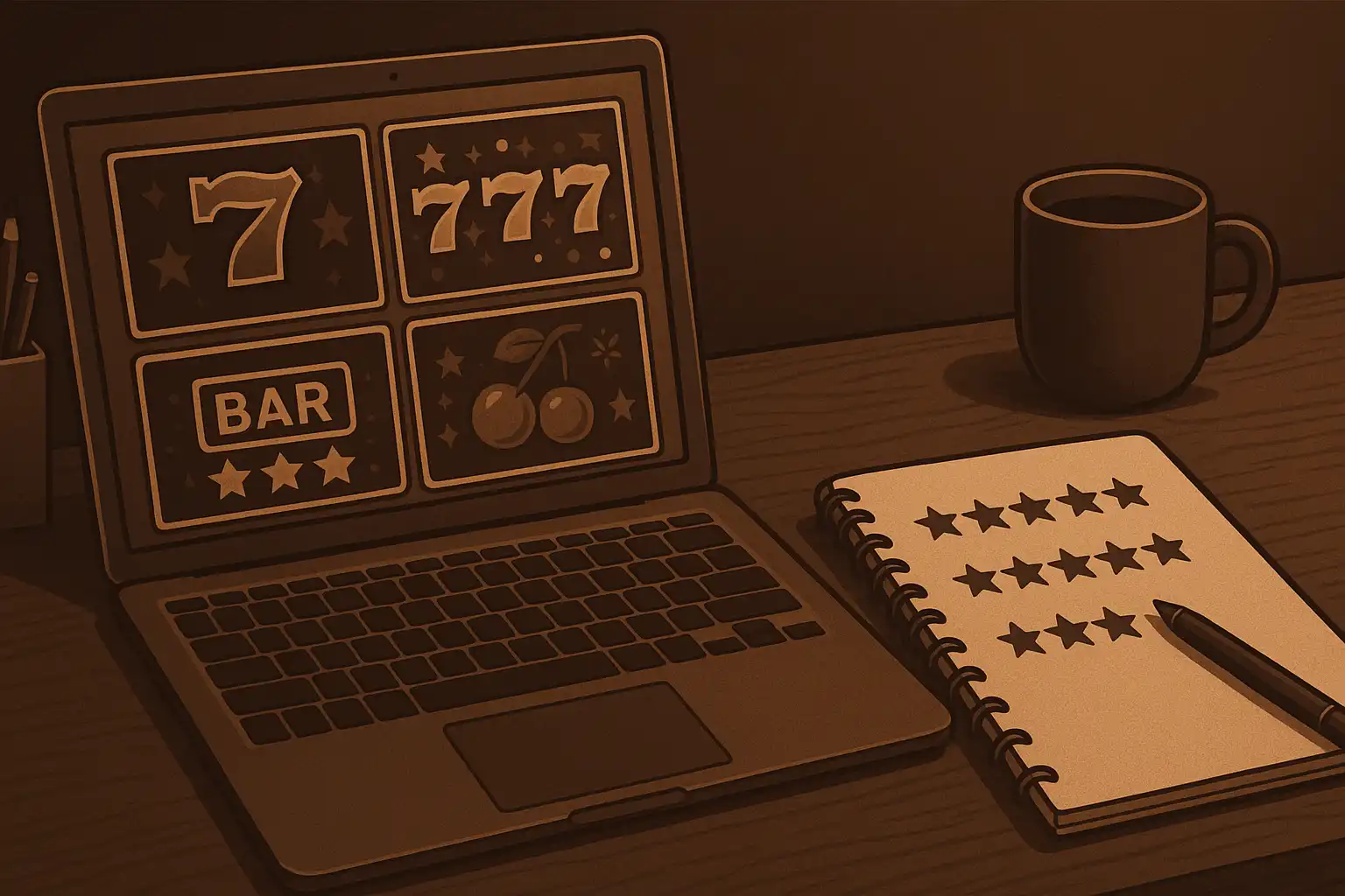 Reviewer's desk with a laptop showing casino games and a notebook of ratings