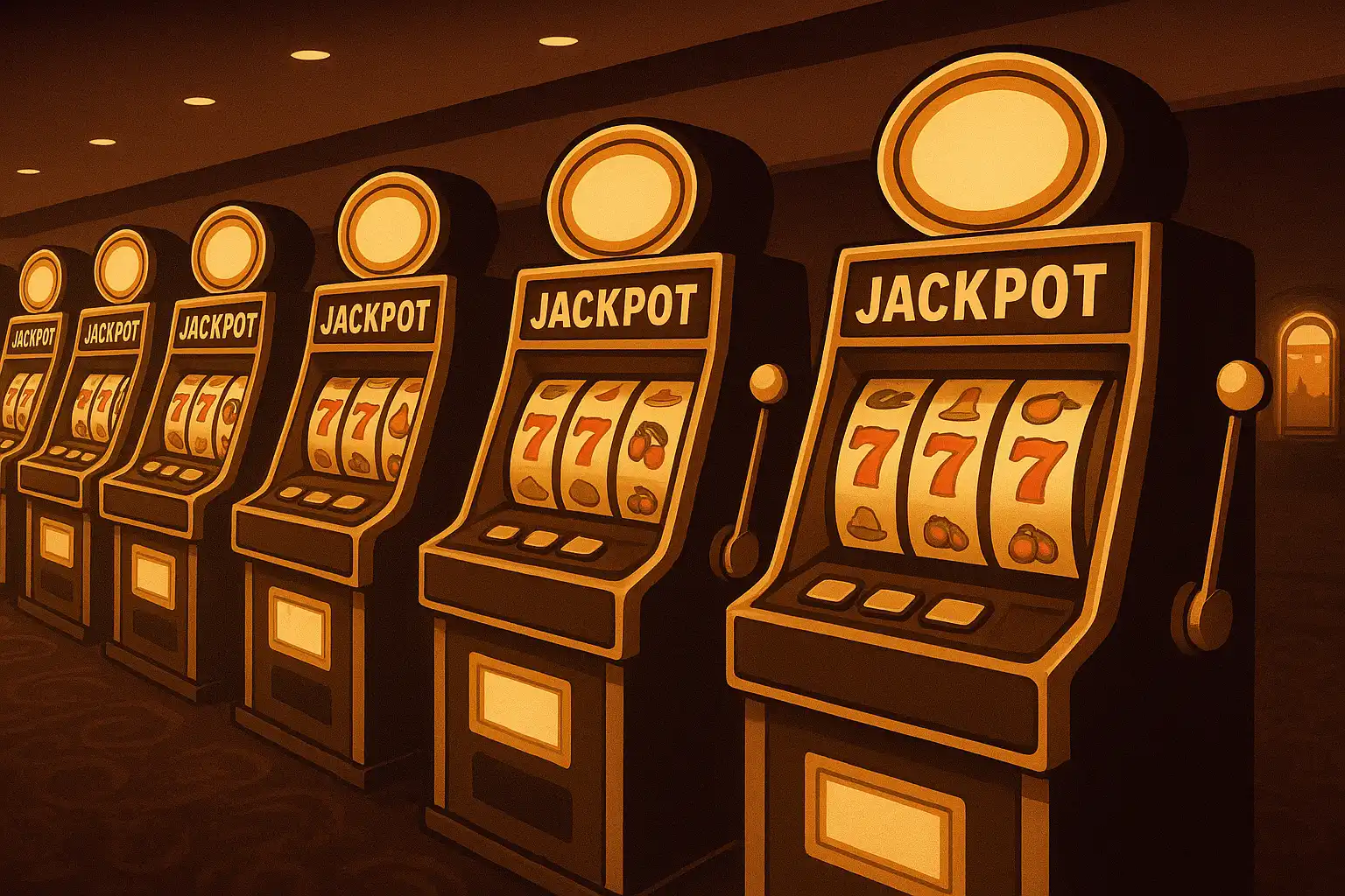 Rows of glowing vintage slot machines on the TiffanyLuck casino floor