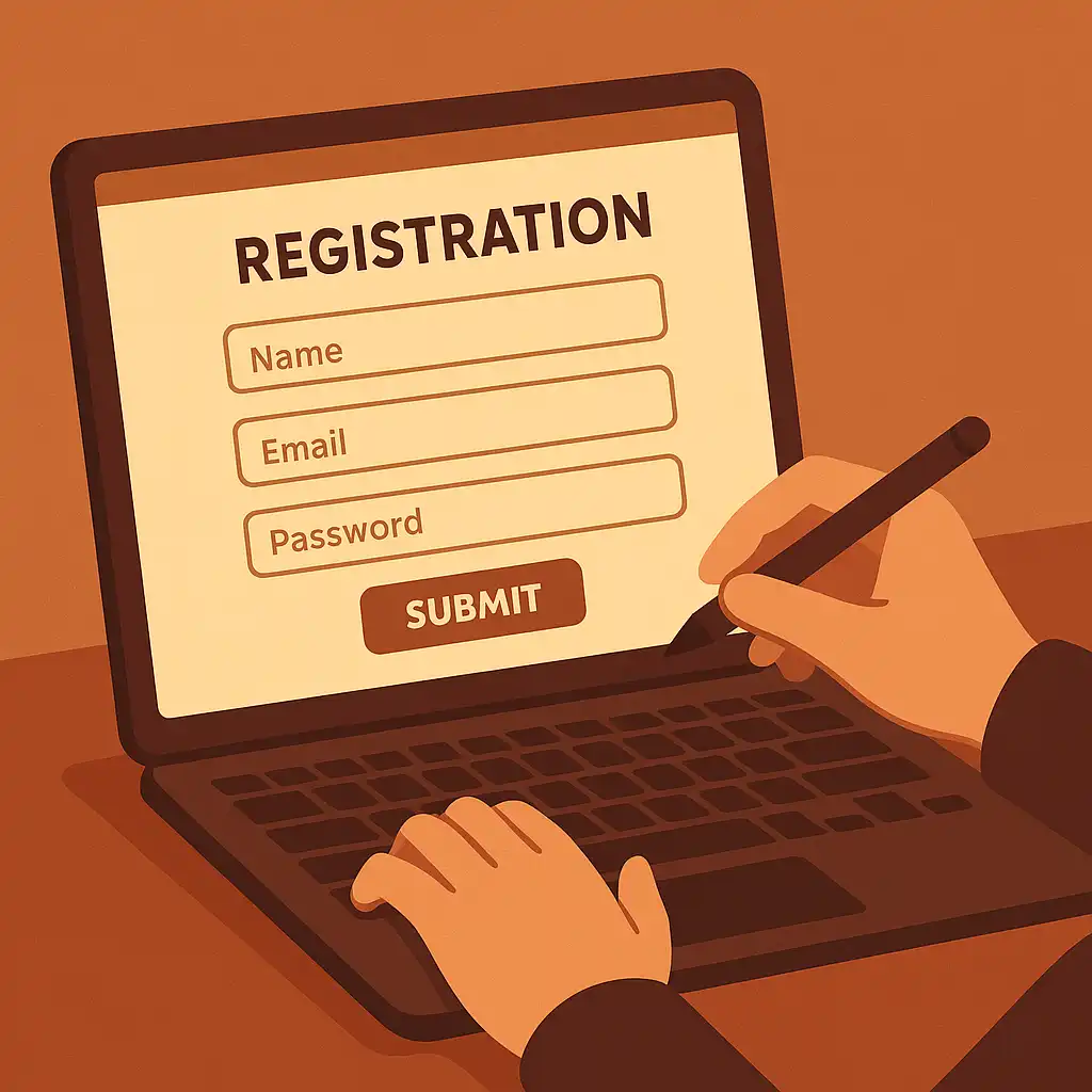 Player filling in a quick registration form on a laptop